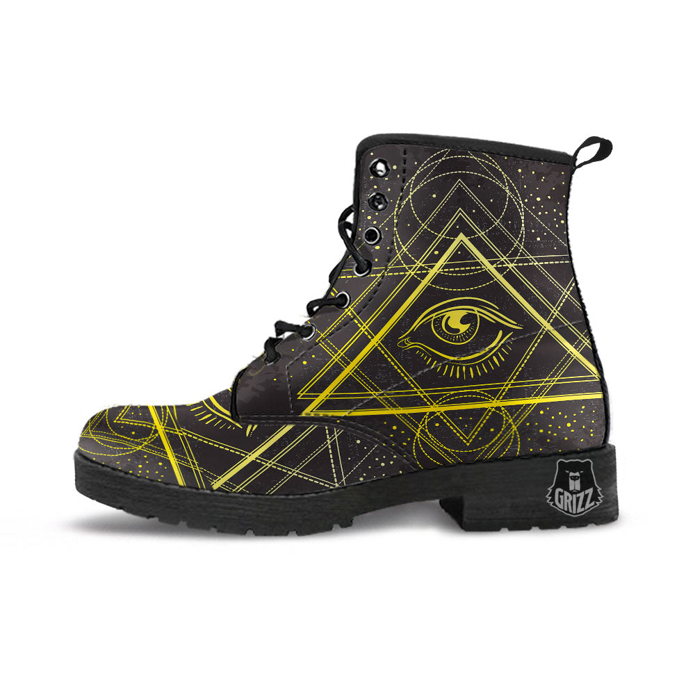 Symbol All Seeing Eye Print Leather Boots-grizzshop
