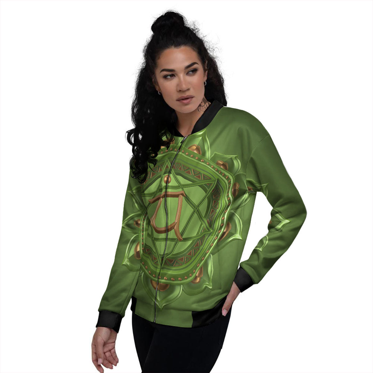 Symbol Anahata Chakra Print Women's Bomber Jacket-grizzshop