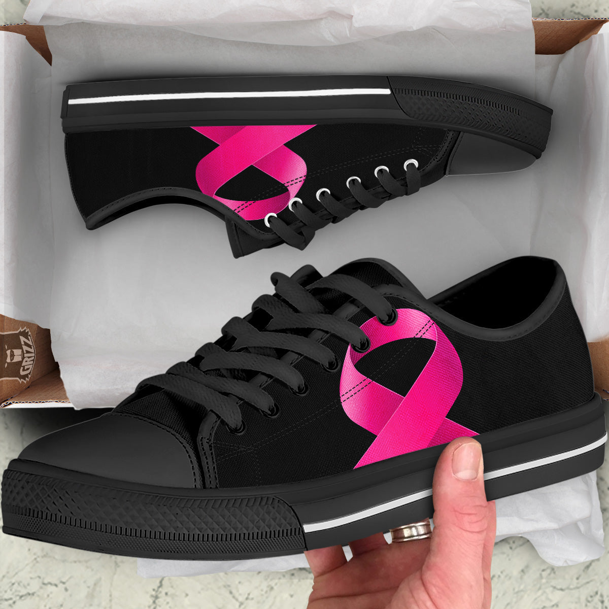 Symbol Breast Cancer Awareness Print Black Low Top Shoes-grizzshop