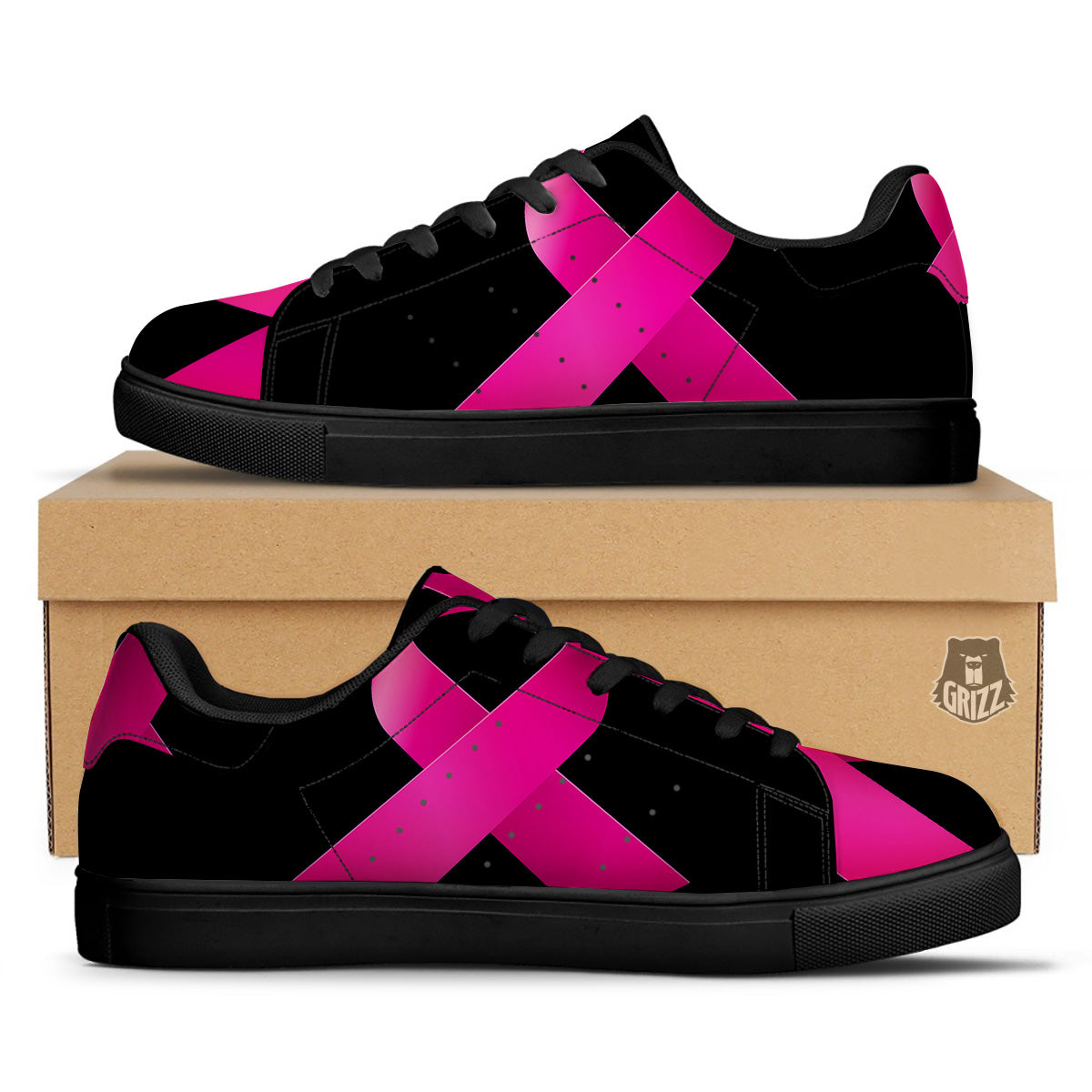 Symbol Breast Cancer Awareness Print Black Low Top Sneakers-grizzshop
