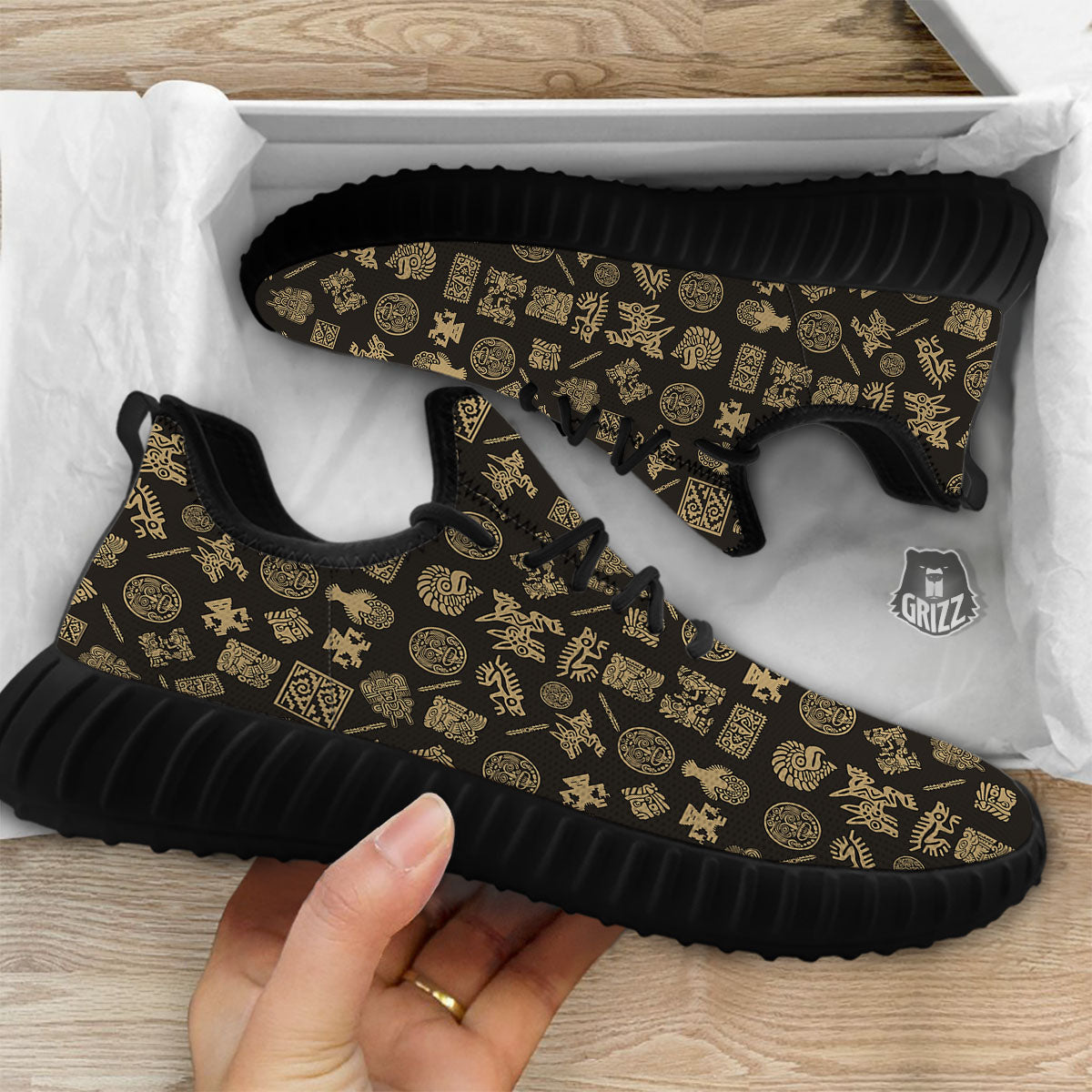 Symbol Mayan Print Pattern Black Walking Shoes-grizzshop