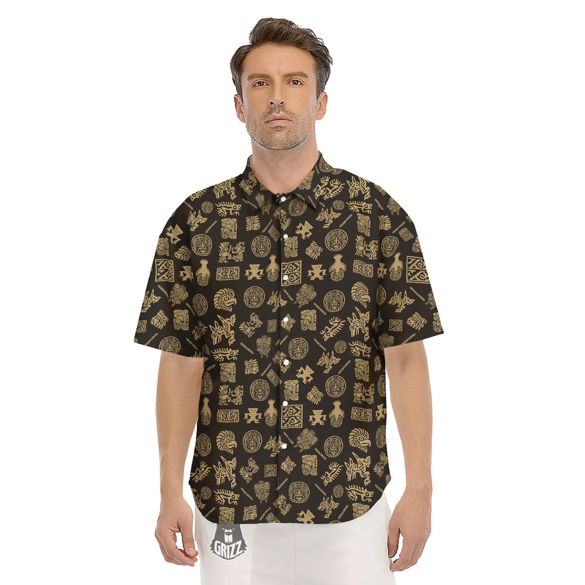 Symbol Mayan Print Pattern Men's Short Sleeve Shirts-grizzshop