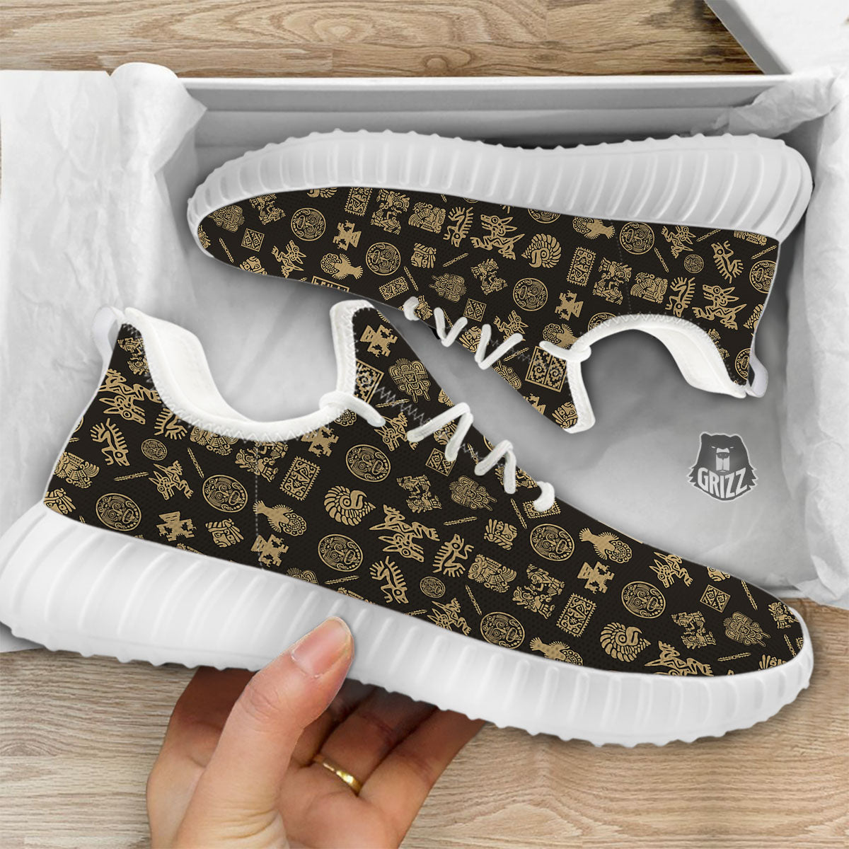 Symbol Mayan Print Pattern White Walking Shoes-grizzshop