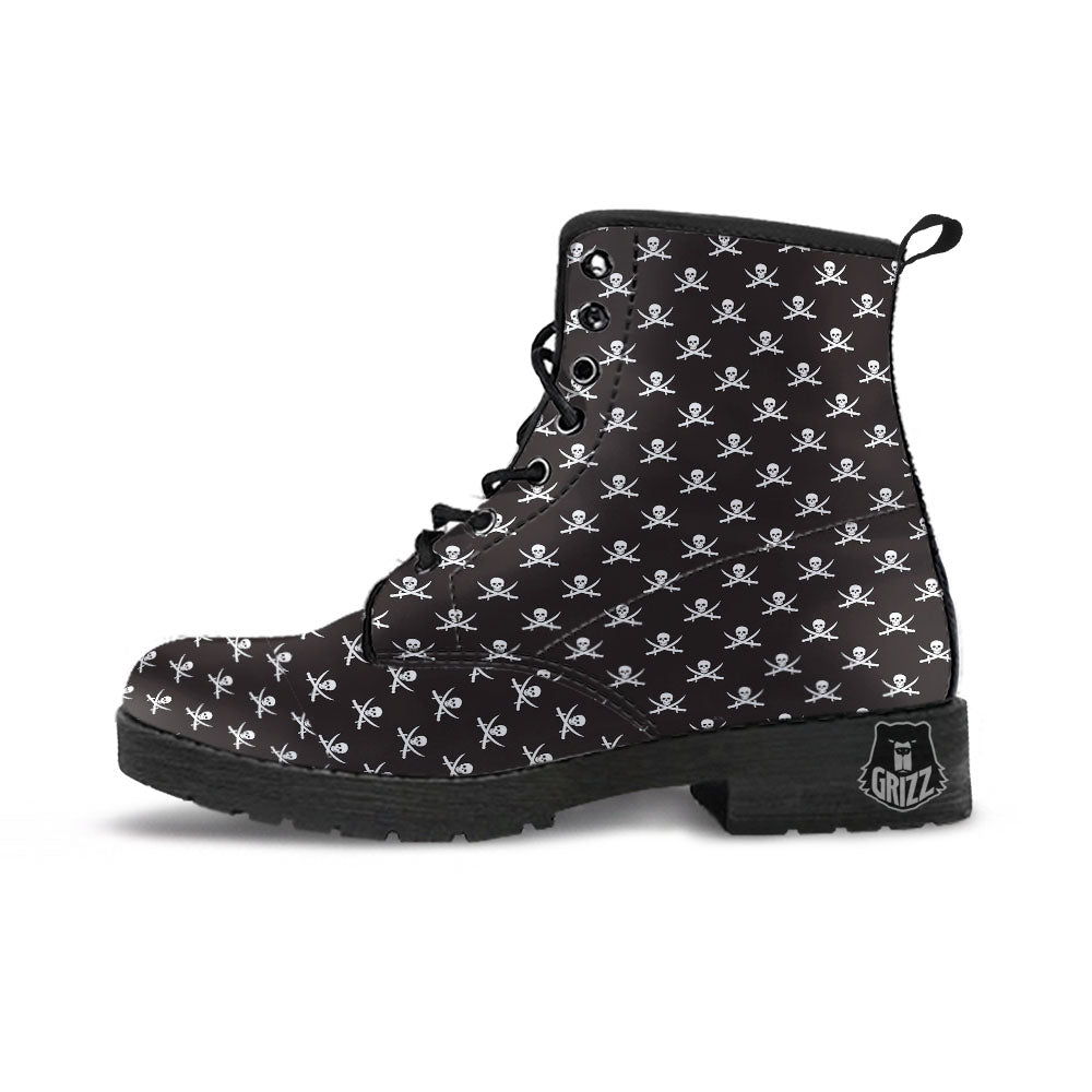 Symbol Pirate Skull Print Pattern Leather Boots-grizzshop