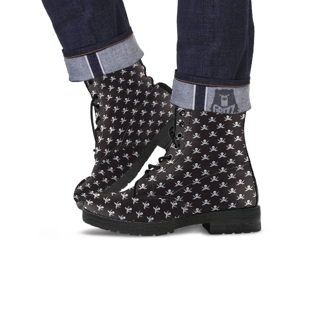 Symbol Pirate Skull Print Pattern Leather Boots-grizzshop