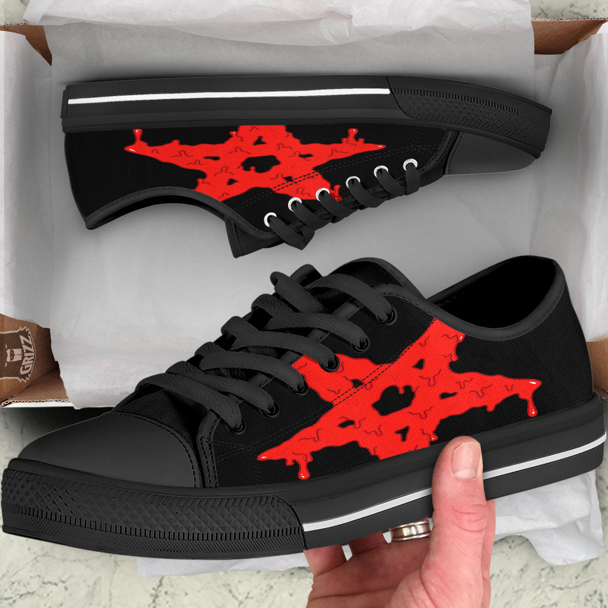 Symbol Red Pentagram Print Black Low Top Shoes-grizzshop