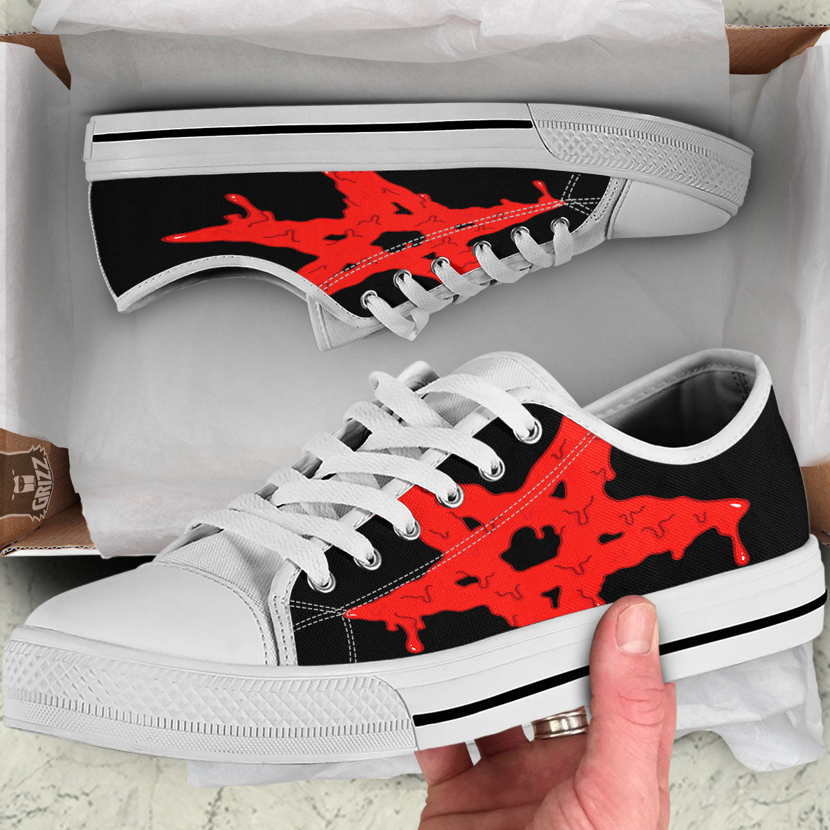 Symbol Red Pentagram Print White Low Top Shoes-grizzshop