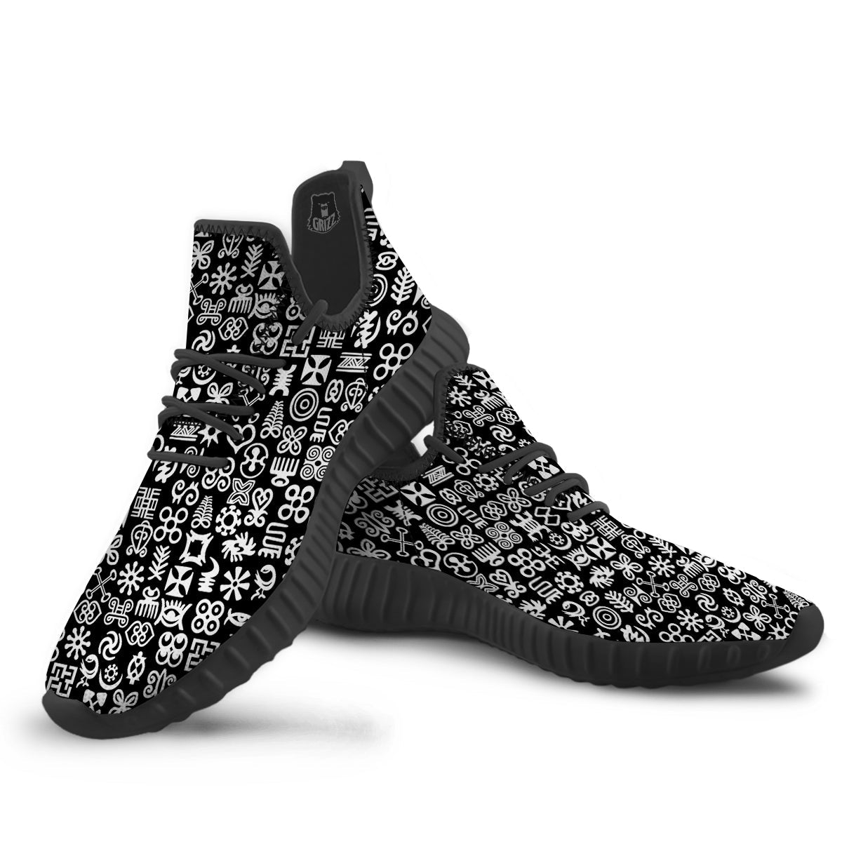 Symbols Black Adinkra Print Pattern Black Walking Shoes-grizzshop