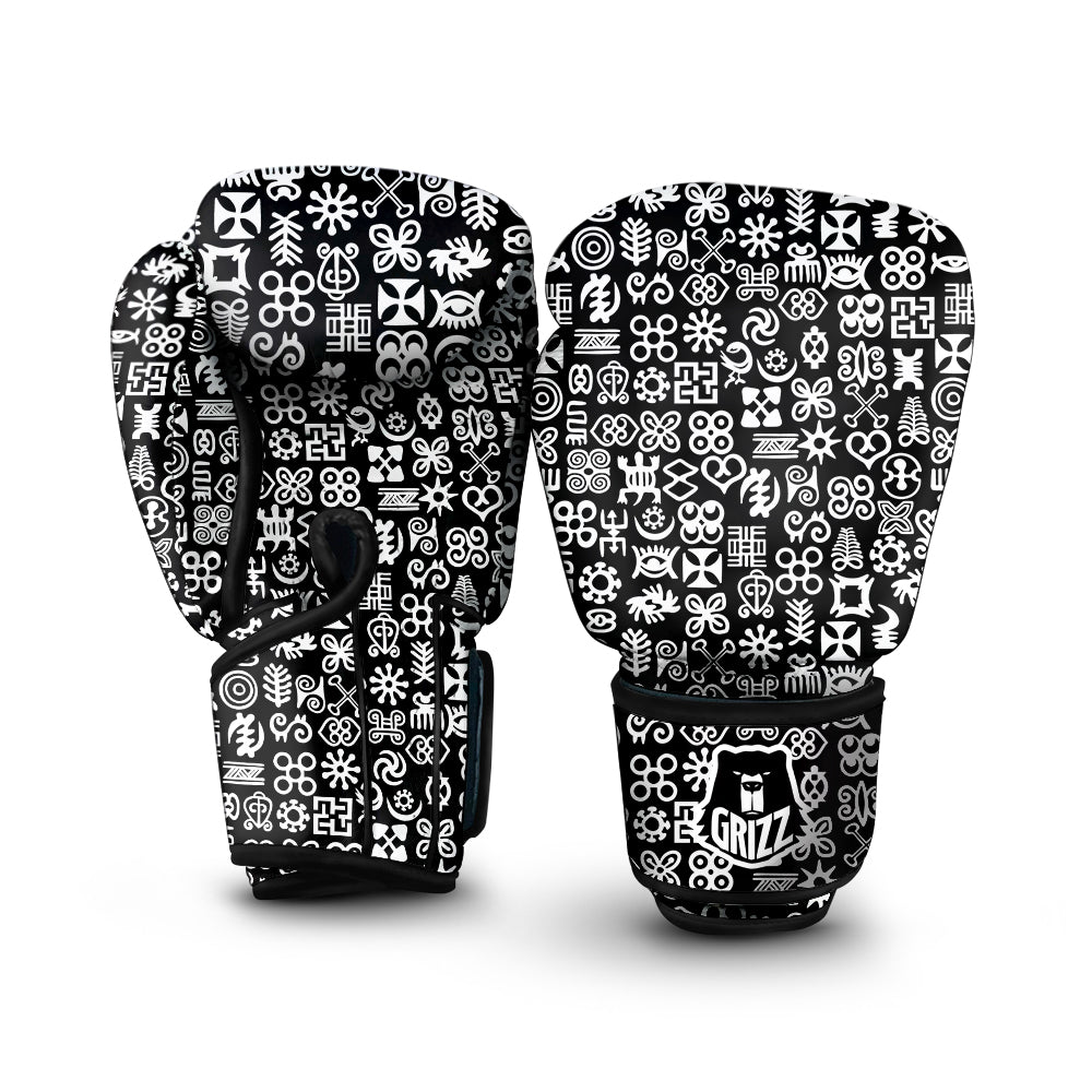 Symbols Black Adinkra Print Pattern Boxing Gloves-grizzshop