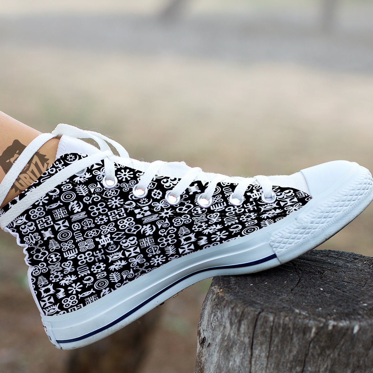 Symbols Black Adinkra Print Pattern White High Top Shoes-grizzshop