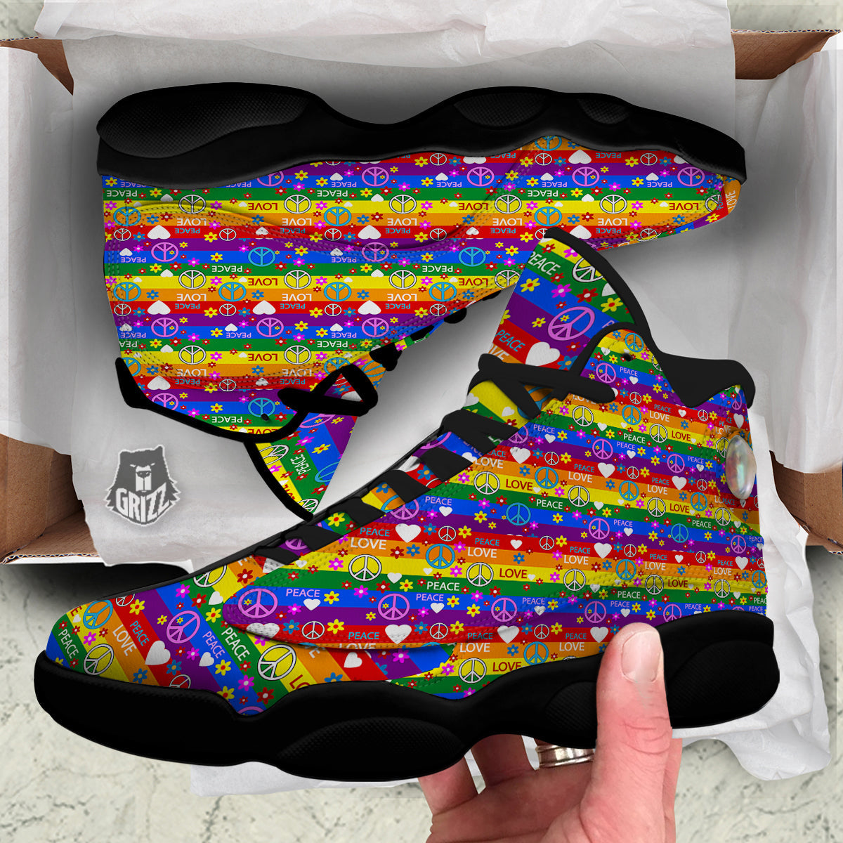 Symbols Of The Hippie And Rainbow Print Black Basketball Shoes-grizzshop