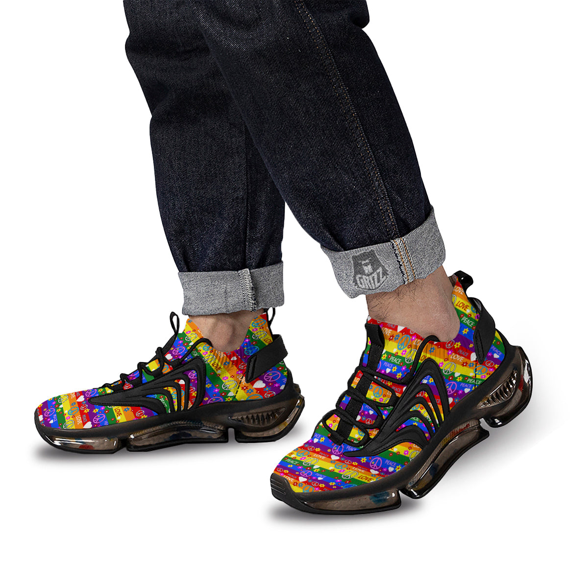 Symbols Of The Hippie And Rainbow Print Black Gym Shoes-grizzshop