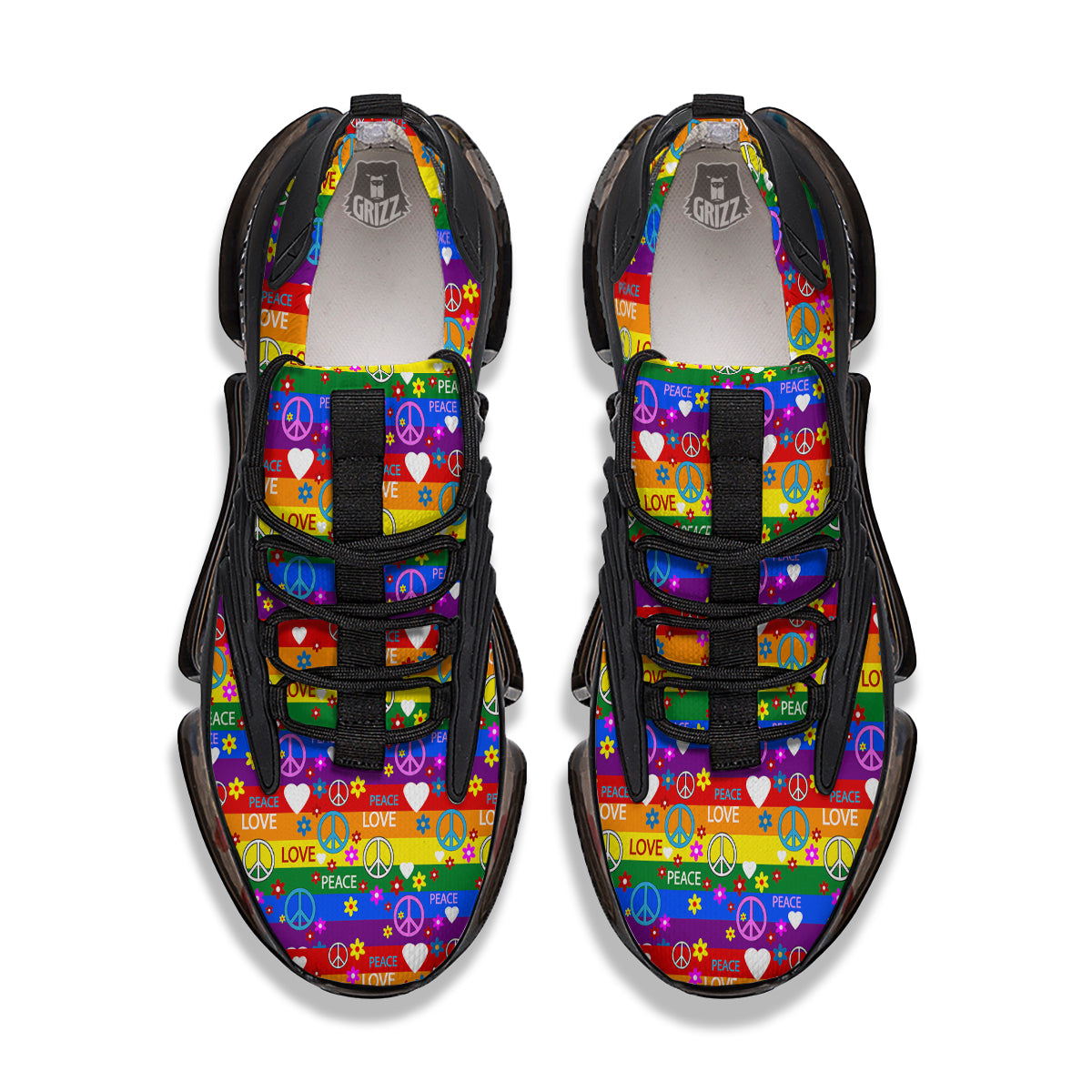 Symbols Of The Hippie And Rainbow Print Black Gym Shoes-grizzshop