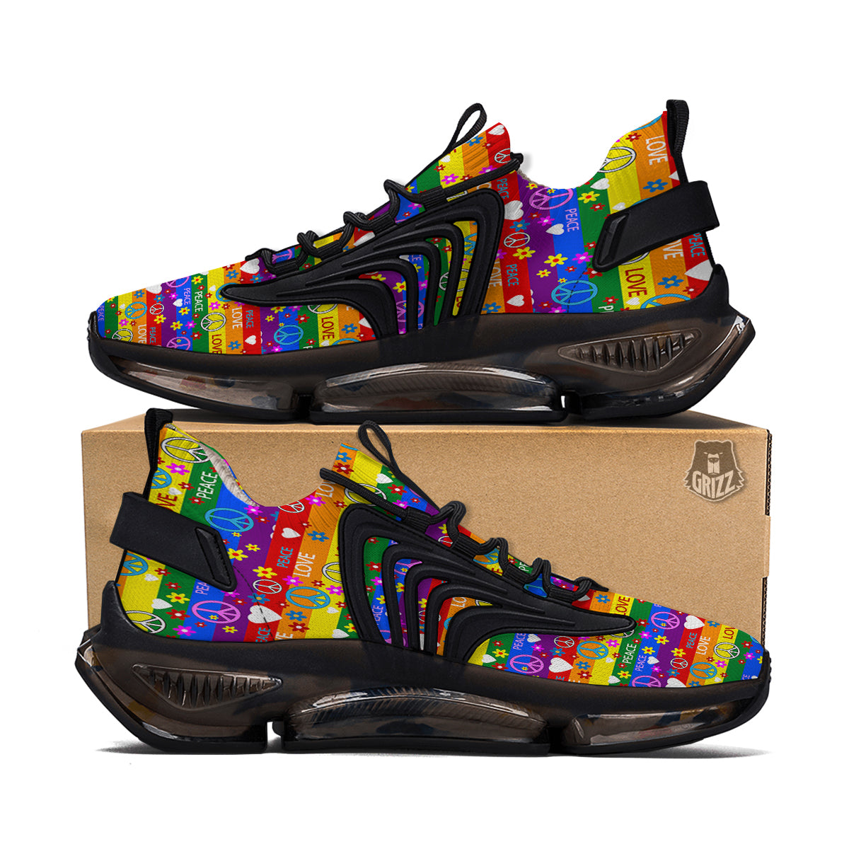 Symbols Of The Hippie And Rainbow Print Black Gym Shoes-grizzshop