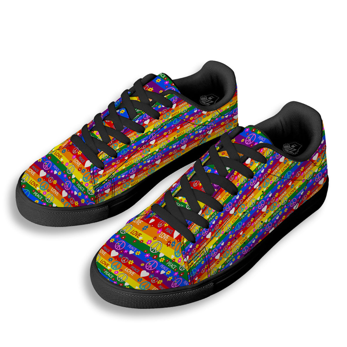 Symbols Of The Hippie And Rainbow Print Black Low Top Sneakers-grizzshop