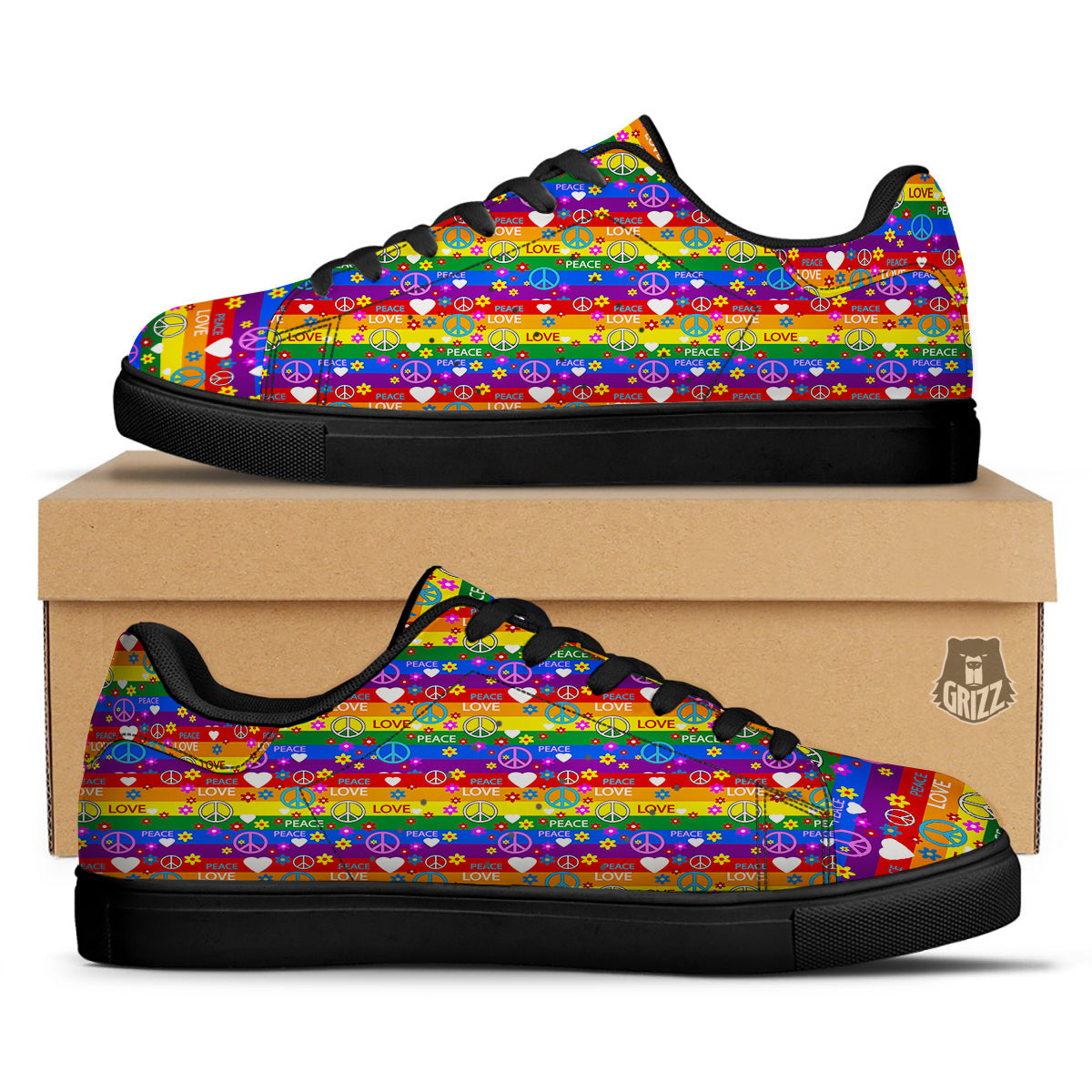Symbols Of The Hippie And Rainbow Print Black Low Top Sneakers-grizzshop