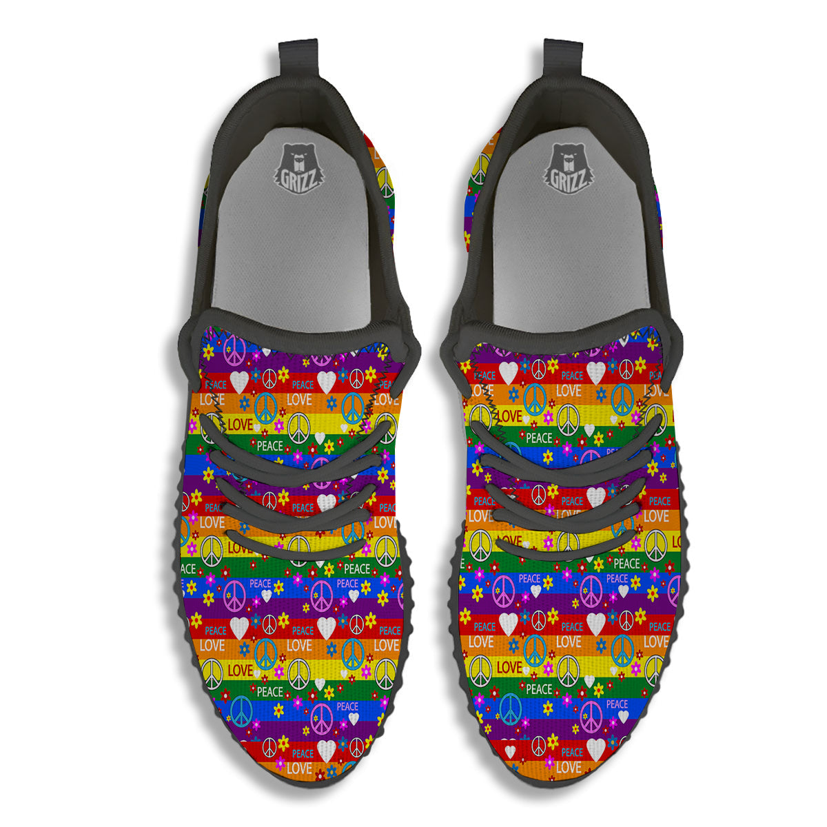 Symbols Of The Hippie And Rainbow Print Black Walking Shoes-grizzshop