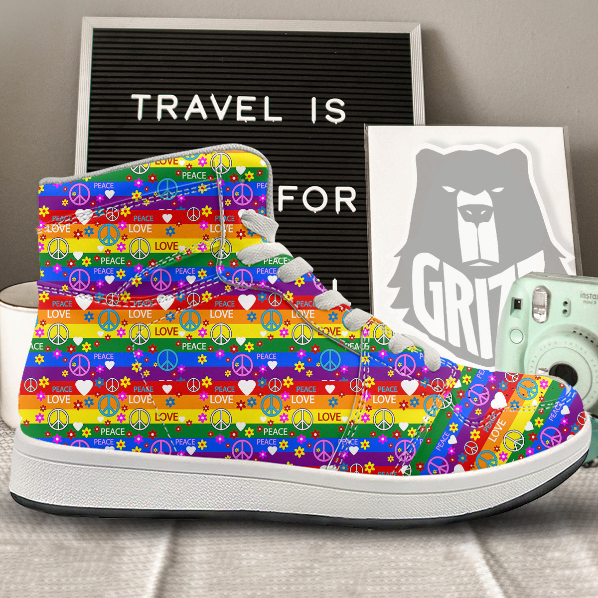 Symbols Of The Hippie And Rainbow Print High Top Sneakers-grizzshop