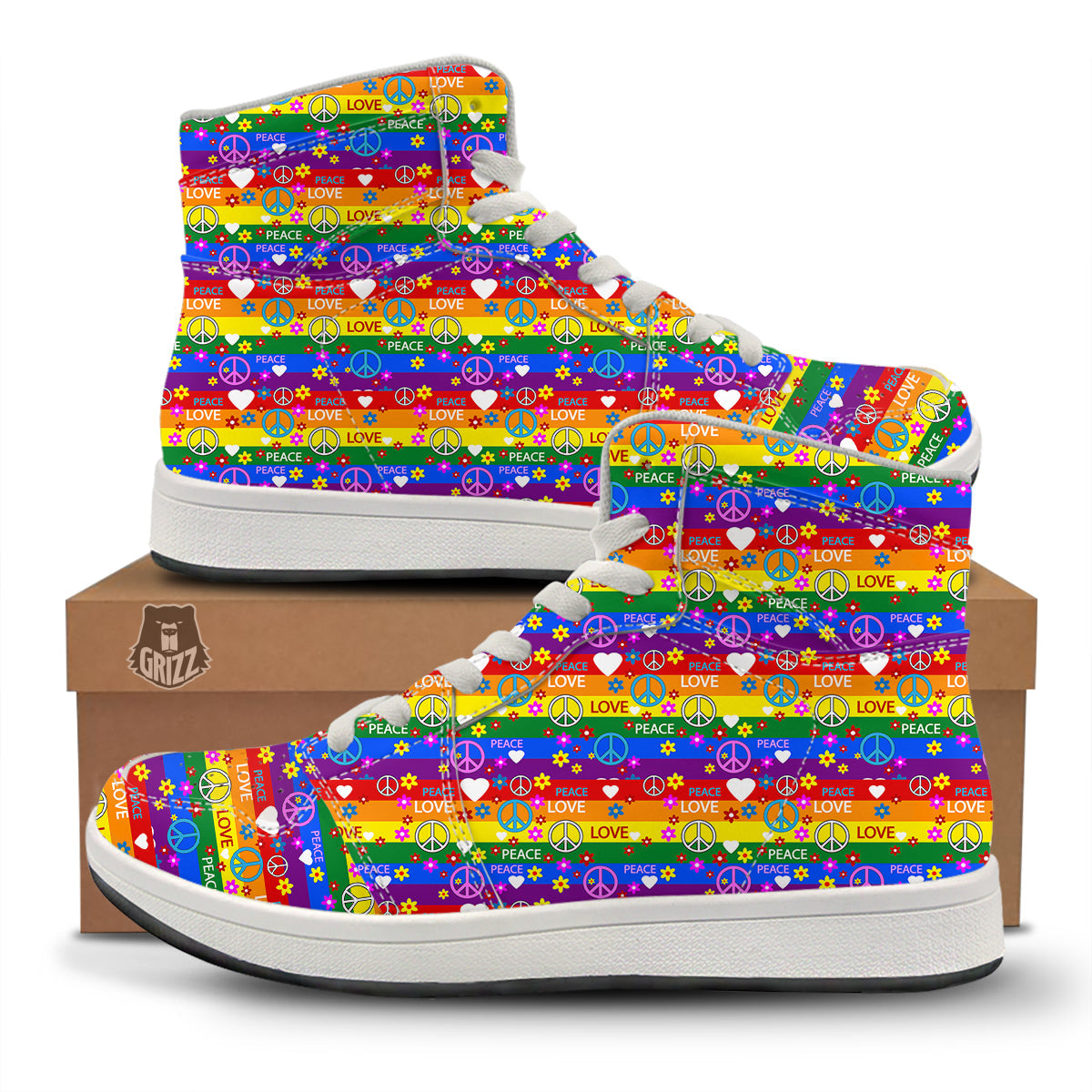 Symbols Of The Hippie And Rainbow Print High Top Sneakers-grizzshop
