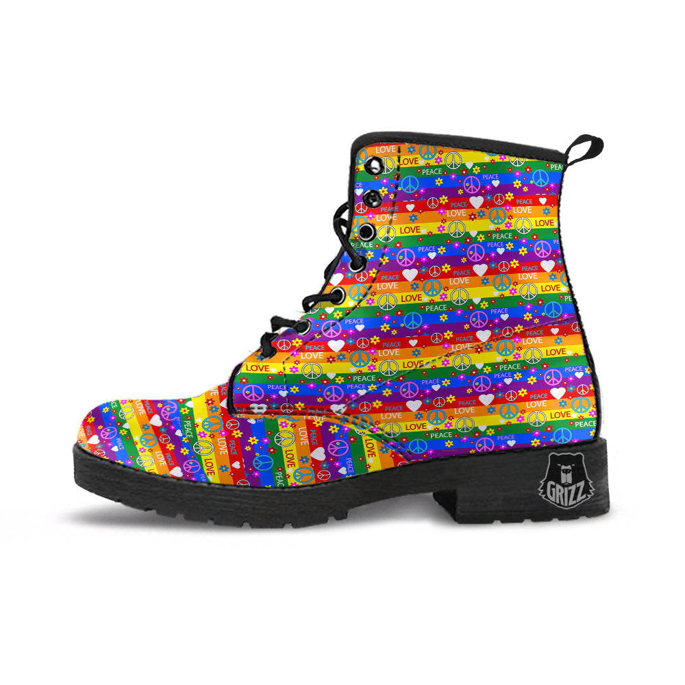 Symbols Of The Hippie And Rainbow Print Leather Boots-grizzshop