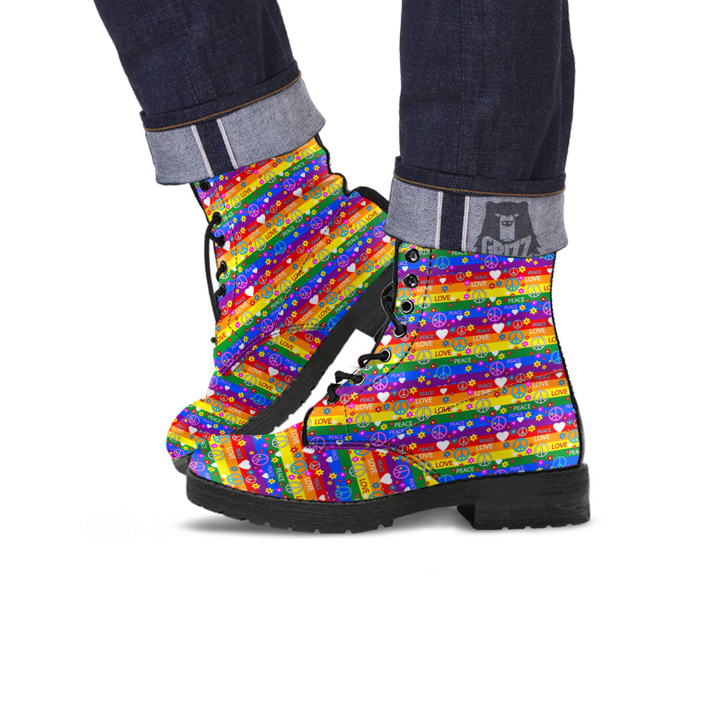 Symbols Of The Hippie And Rainbow Print Leather Boots-grizzshop