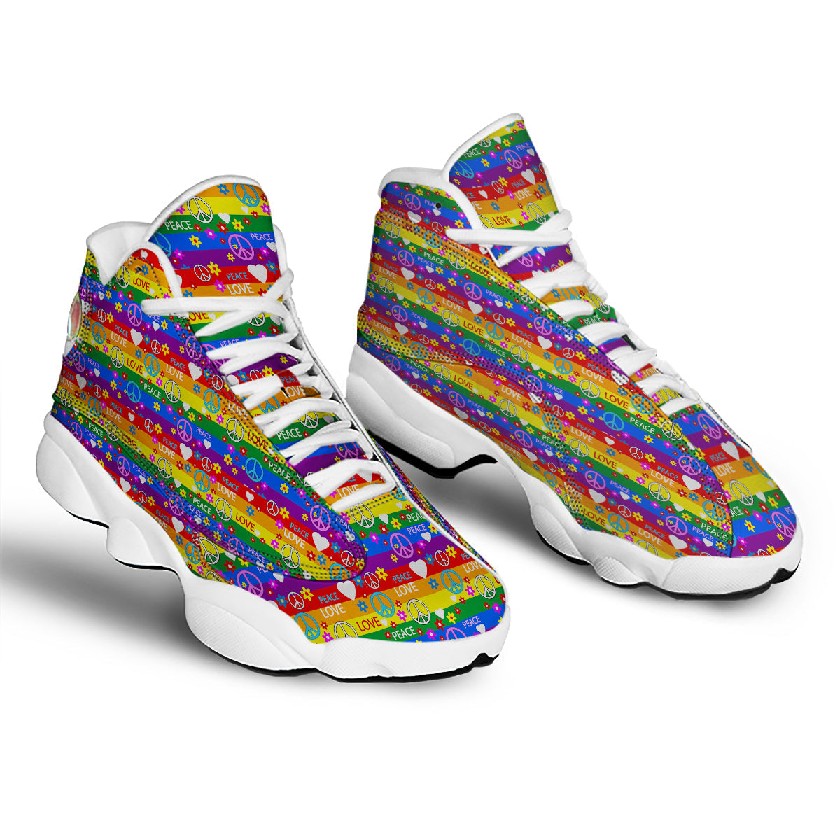 Symbols Of The Hippie And Rainbow Print White Basketball Shoes-grizzshop