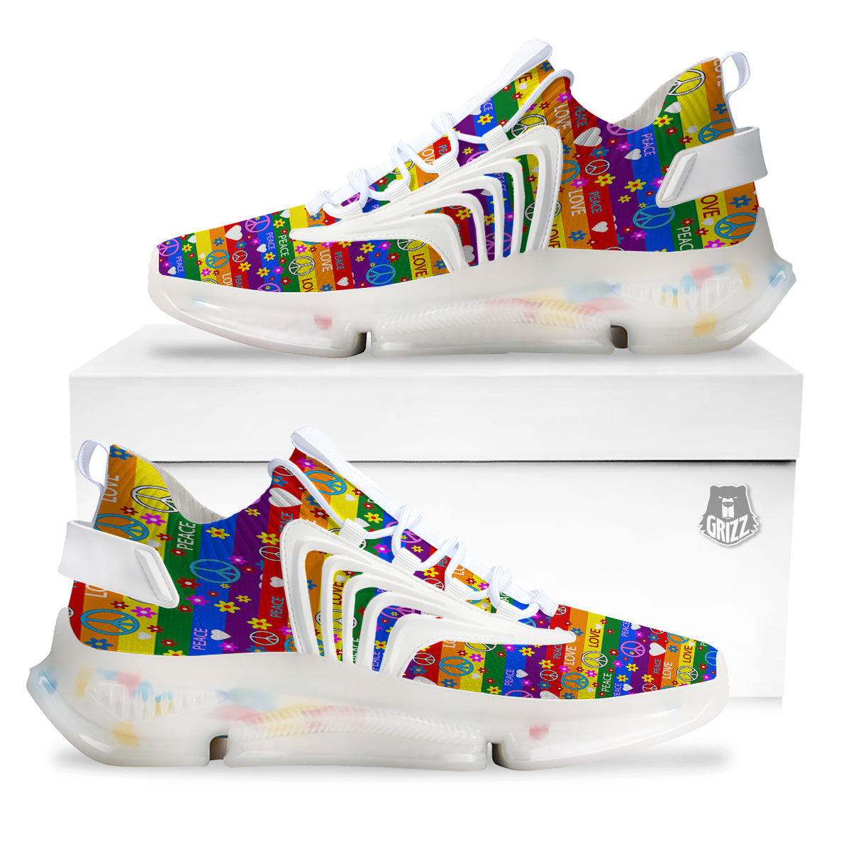 Symbols Of The Hippie And Rainbow Print White Gym Shoes-grizzshop