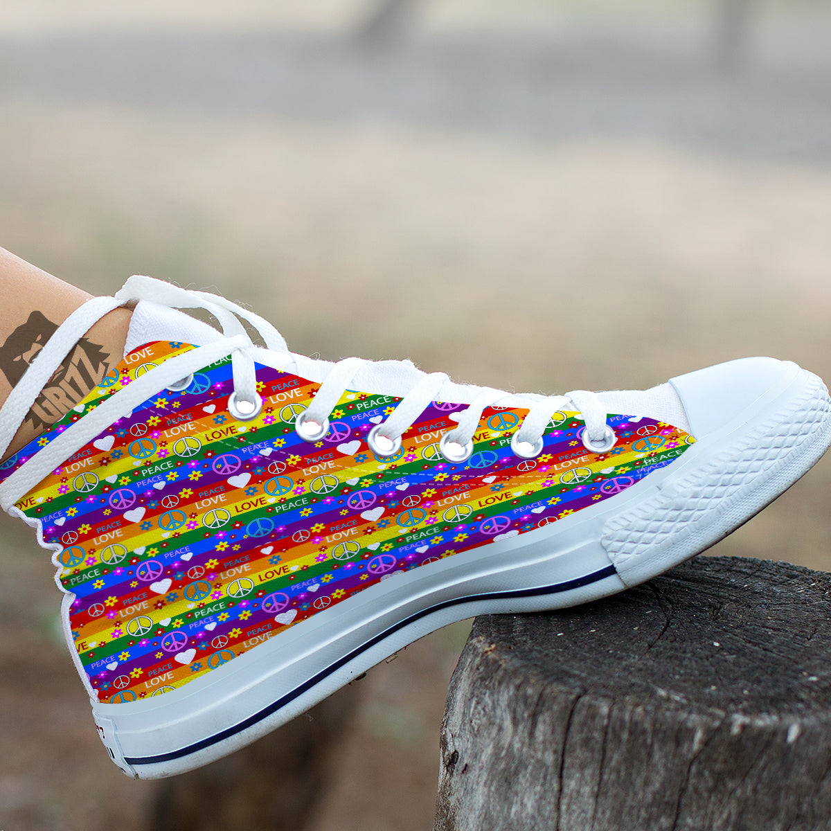 Symbols Of The Hippie And Rainbow Print White High Top Shoes-grizzshop