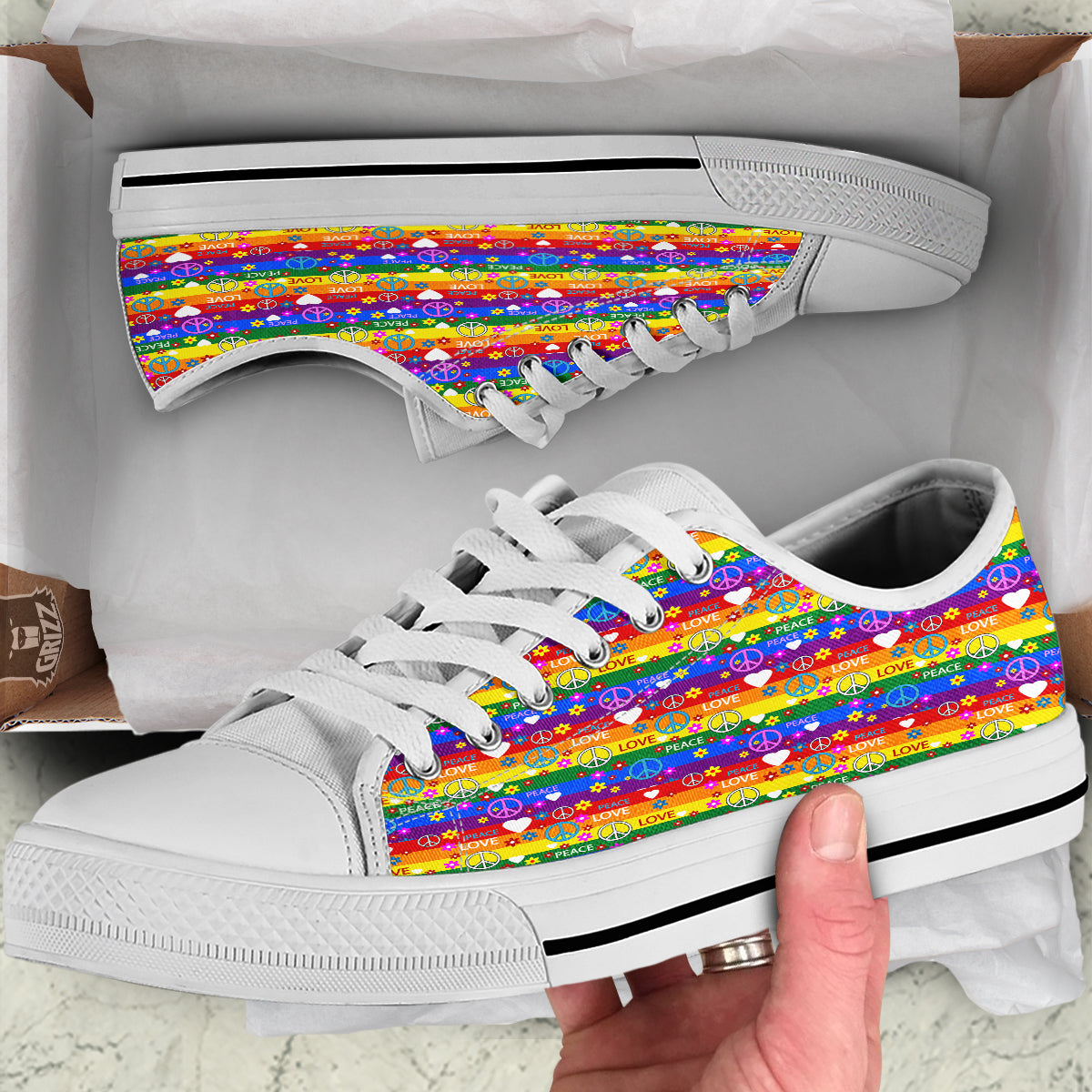 Symbols Of The Hippie And Rainbow Print White Low Top Shoes-grizzshop