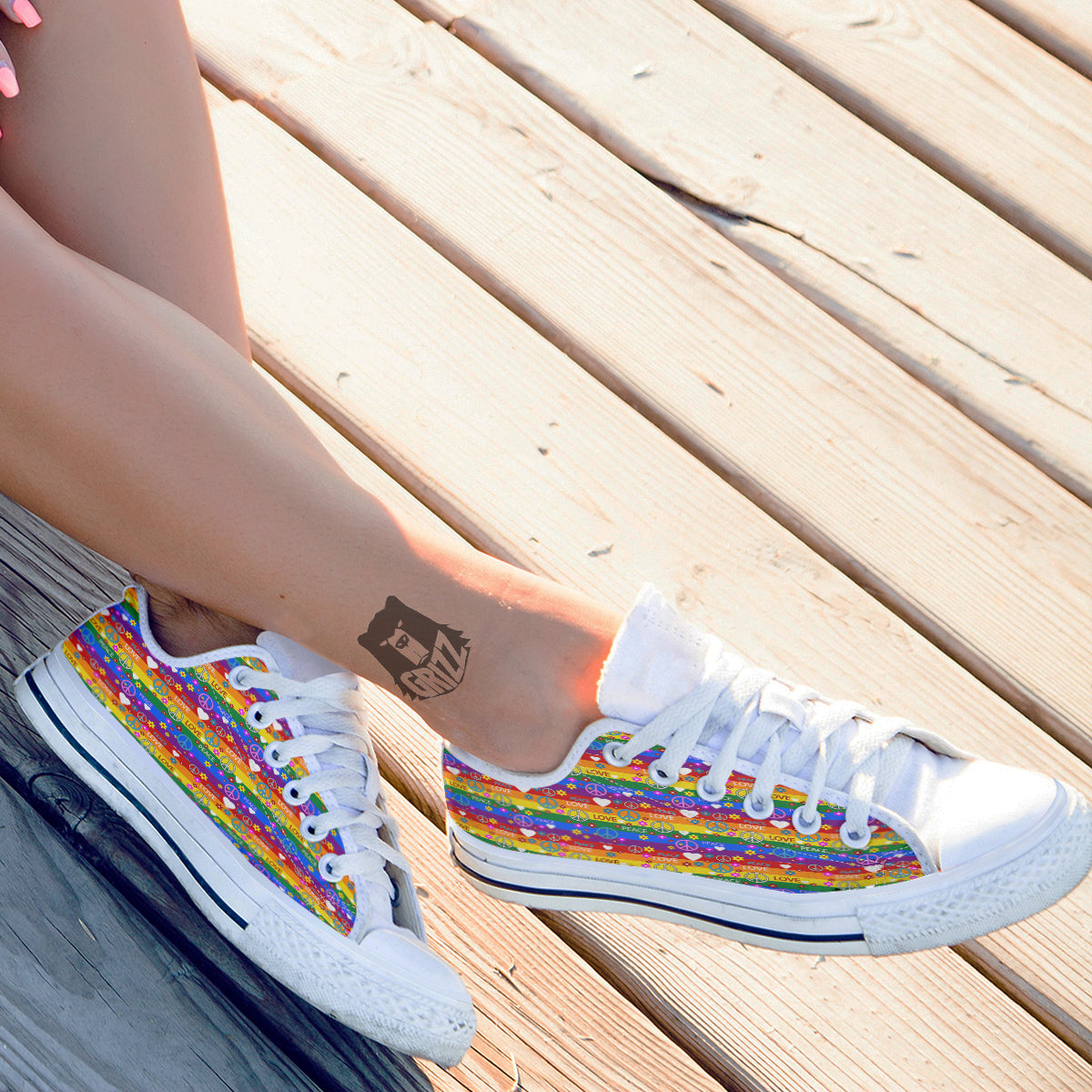 Symbols Of The Hippie And Rainbow Print White Low Top Shoes-grizzshop