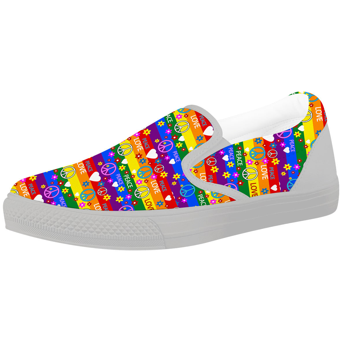 Symbols Of The Hippie And Rainbow Print White Slip On Shoes-grizzshop