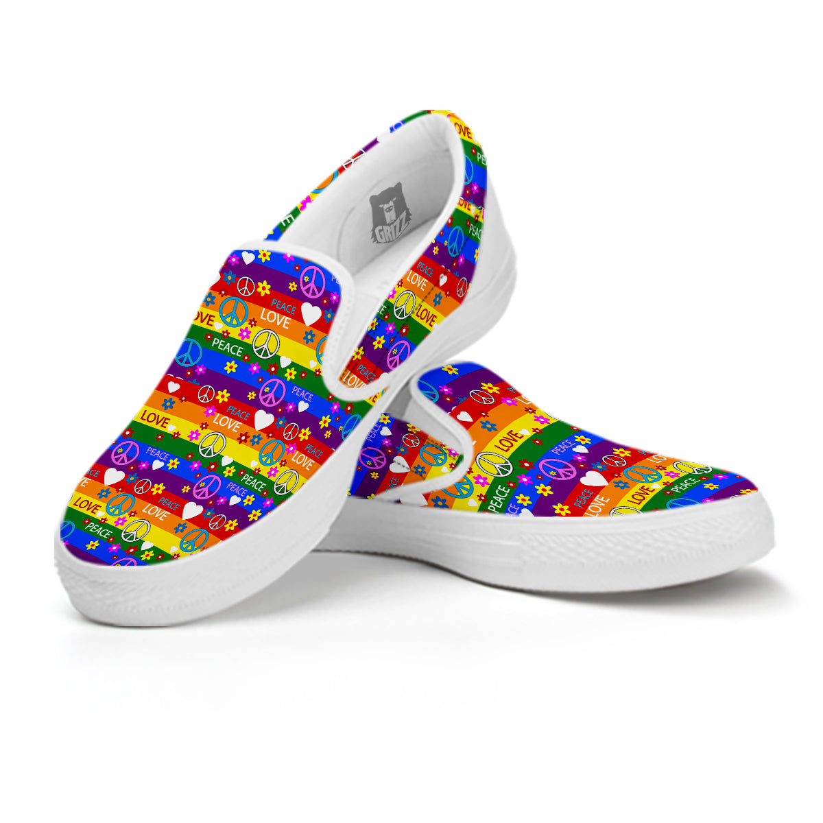 Symbols Of The Hippie And Rainbow Print White Slip On Shoes-grizzshop