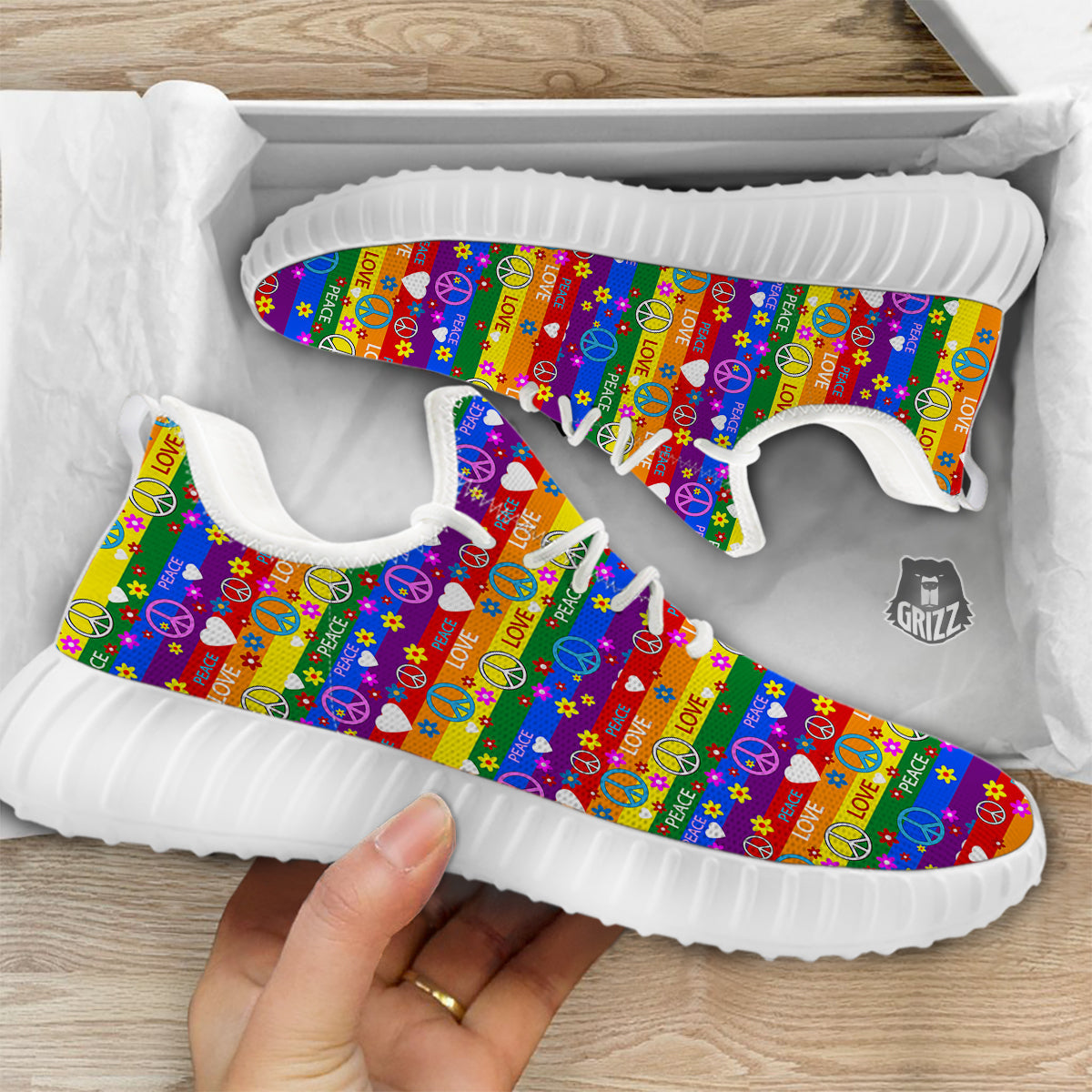 Symbols Of The Hippie And Rainbow Print White Walking Shoes-grizzshop