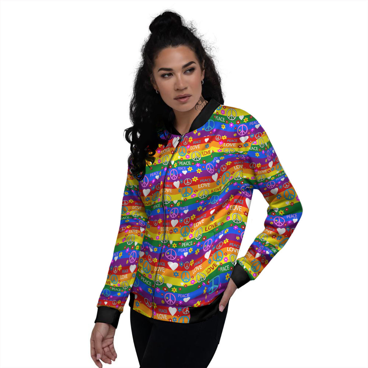 Symbols Of The Hippie And Rainbow Print Women's Bomber Jacket-grizzshop