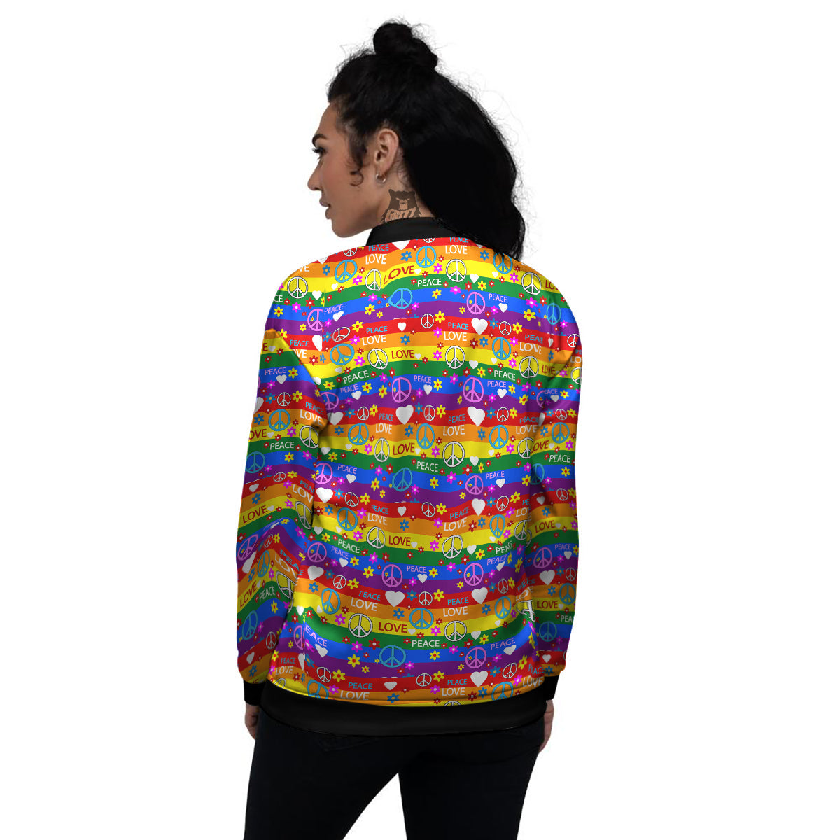 Symbols Of The Hippie And Rainbow Print Women's Bomber Jacket-grizzshop