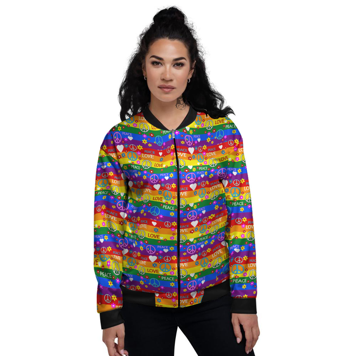 Symbols Of The Hippie And Rainbow Print Women's Bomber Jacket-grizzshop