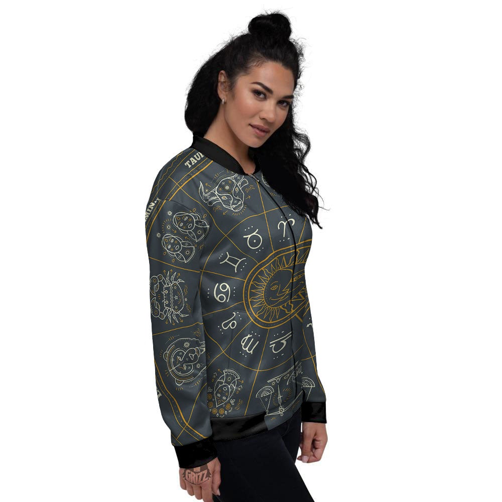 Symbols Zodiac Astrology Print Women's Bomber Jacket-grizzshop