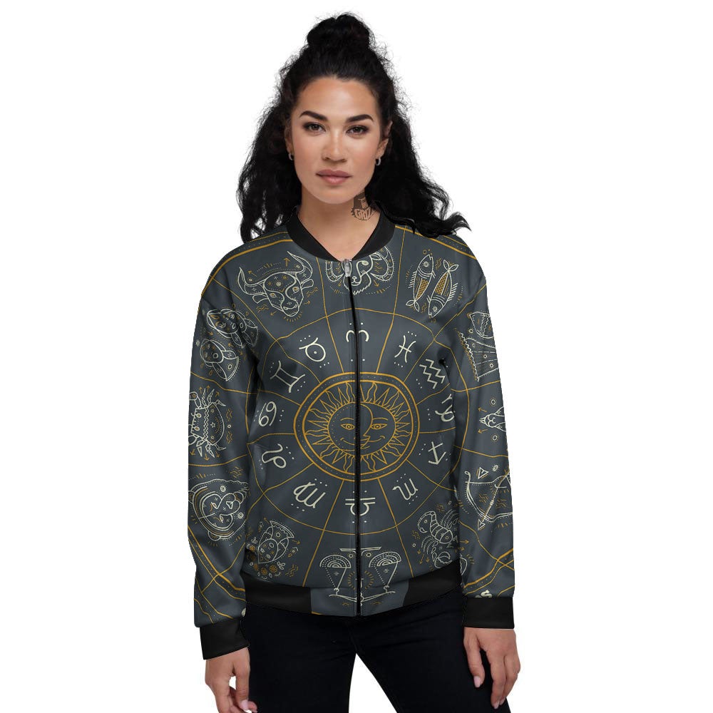 Symbols Zodiac Astrology Print Women's Bomber Jacket-grizzshop