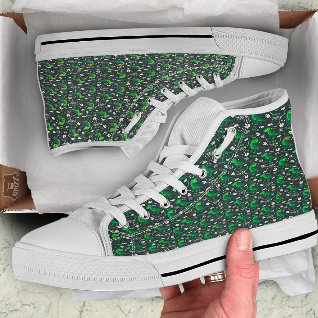 T-Rex Dinosaur Cute Green Print Pattern White High Top Shoes-grizzshop