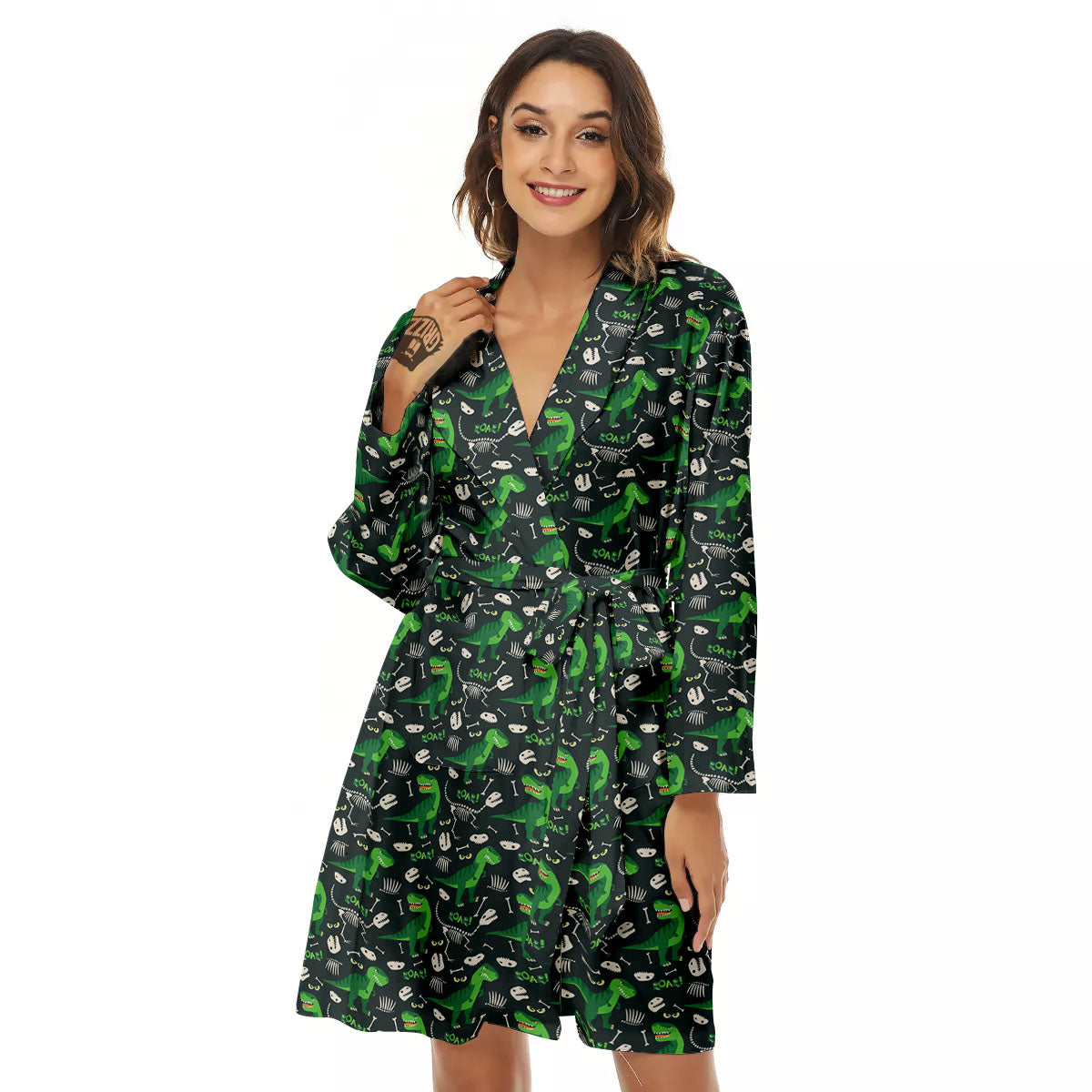 T-Rex Dinosaur Cute Green Print Pattern Women's Robe-grizzshop