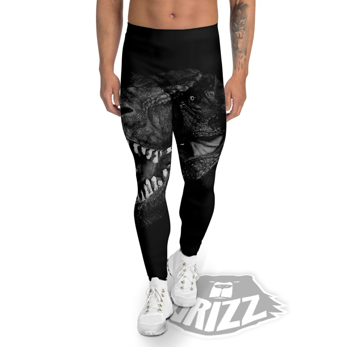 T-Rex Dinosaur White And Black Print Men's Leggings-grizzshop