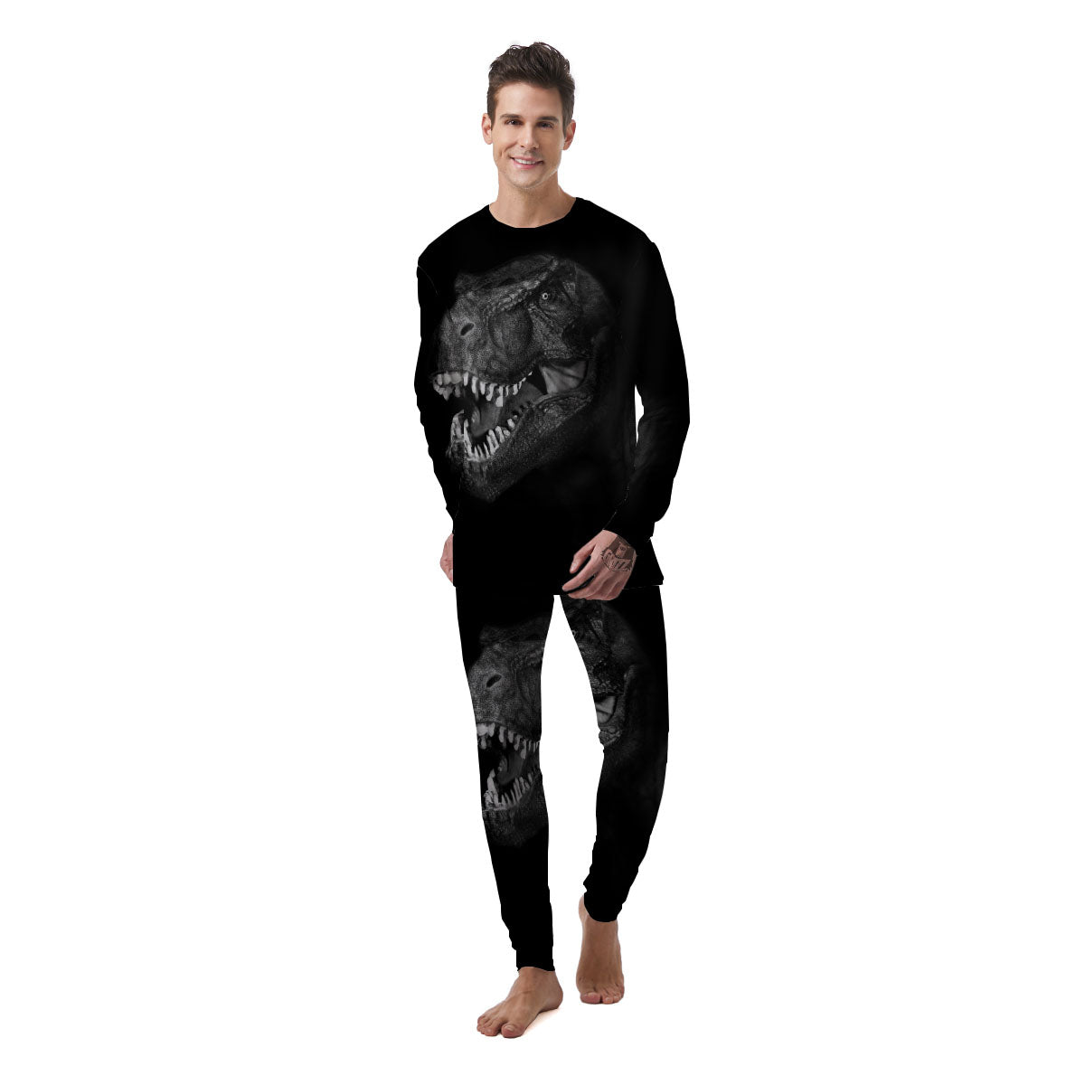 T-Rex Dinosaur White And Black Print Men's Pajamas-grizzshop