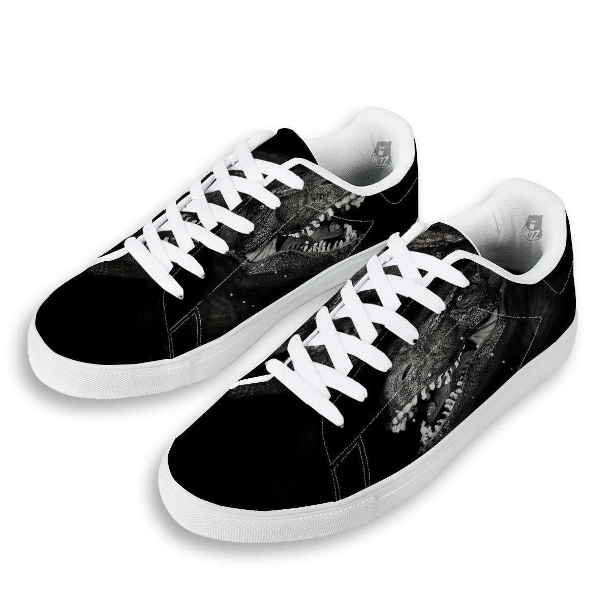 T-Rex Dinosaur White And Black Print White Low Top Sneakers-grizzshop