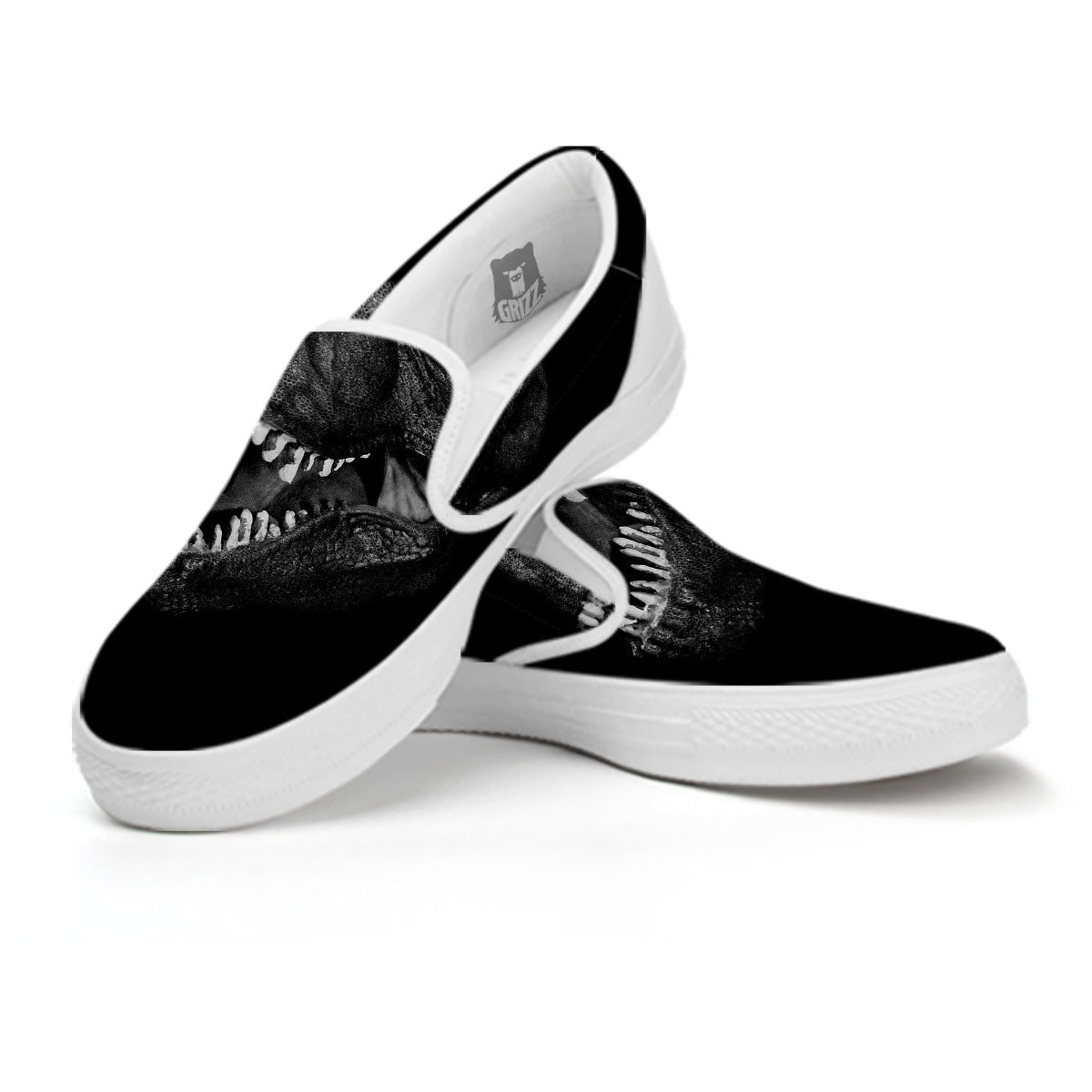 T-Rex Dinosaur White And Black Print White Slip On Shoes-grizzshop