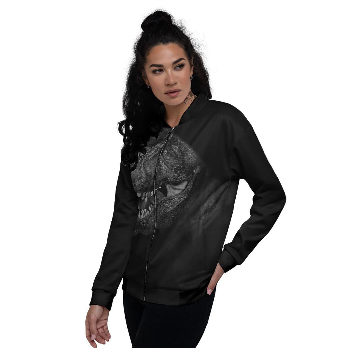 T-Rex Dinosaur White And Black Print Women's Bomber Jacket-grizzshop