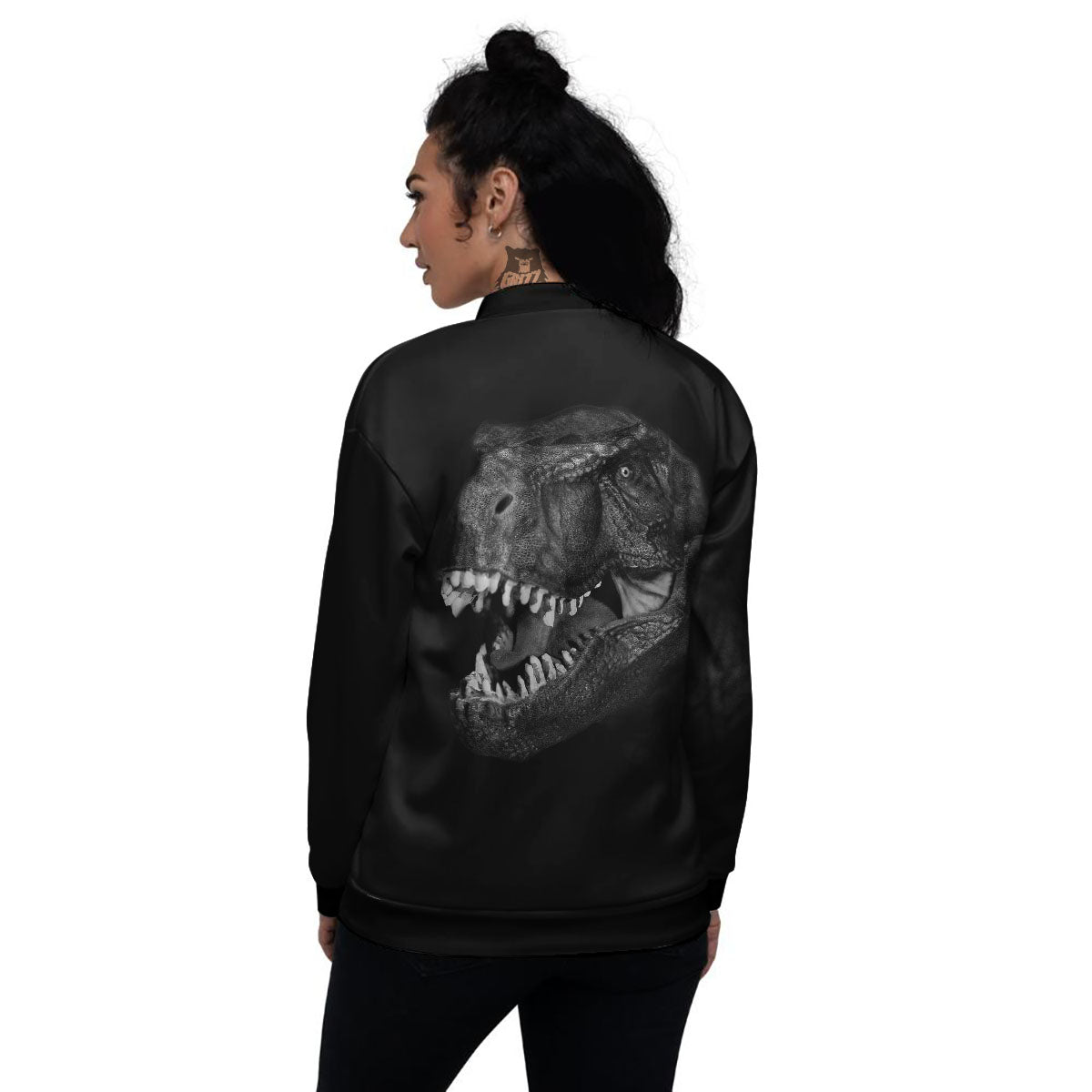 T-Rex Dinosaur White And Black Print Women's Bomber Jacket-grizzshop