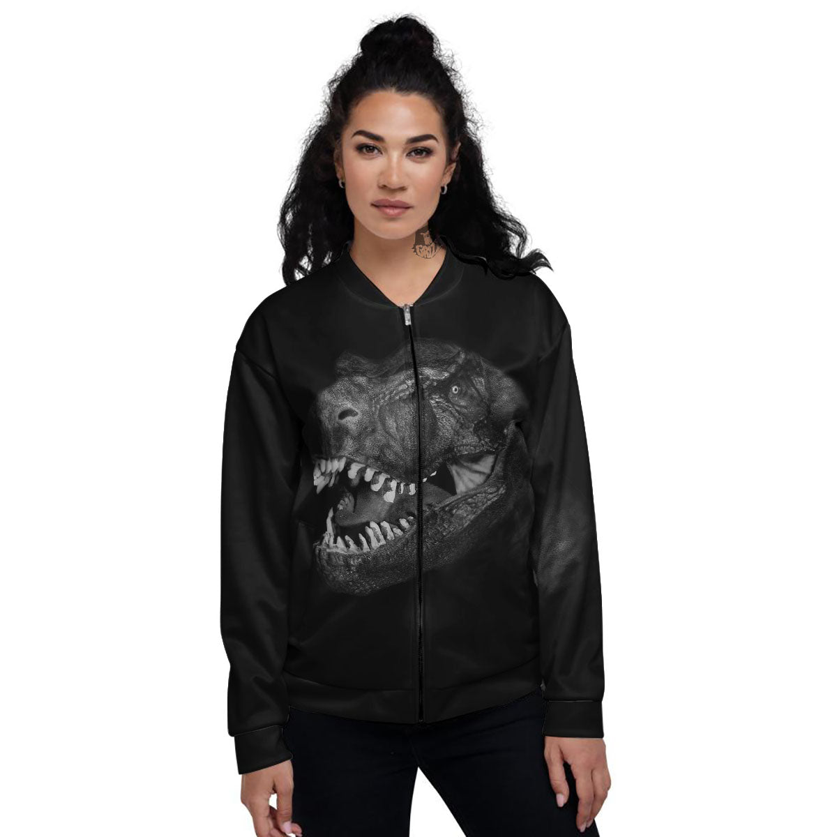 T-Rex Dinosaur White And Black Print Women's Bomber Jacket-grizzshop