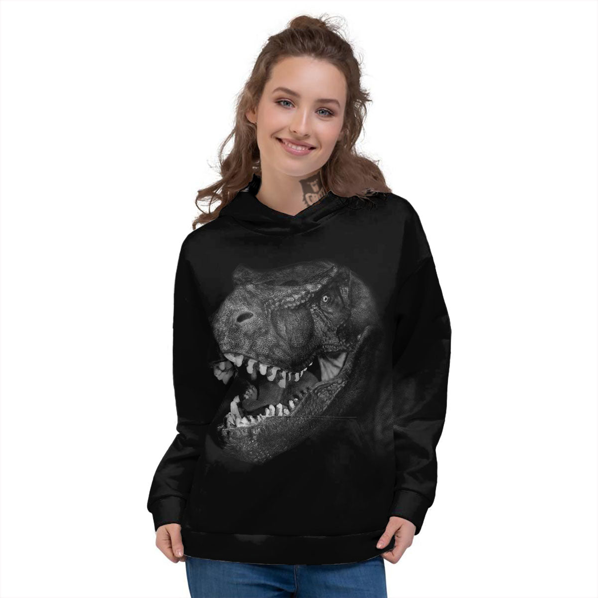 T-Rex Dinosaur White And Black Print Women's Hoodie-grizzshop