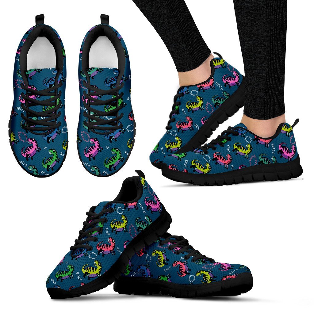 T rex Dinosaur Print Pattern Black Sneaker Shoes For Men Women-grizzshop