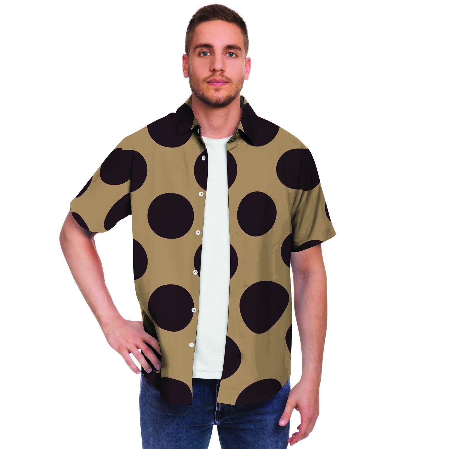 Tan And Black Polka Dot Men's Short Sleeve Shirt-grizzshop